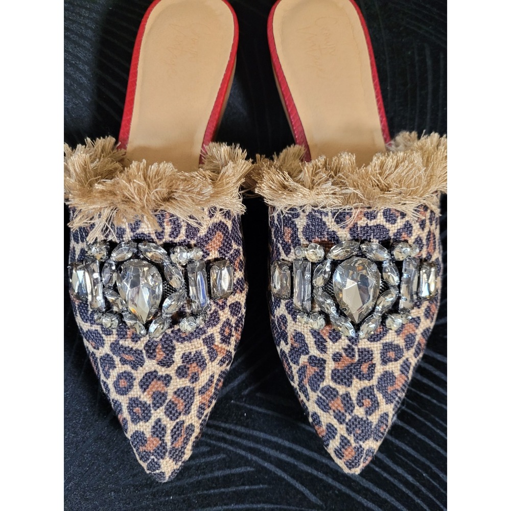 Crown Vintage Leopard Linen Crystal Embellished Edgy Chic Mules Womens Size 8M